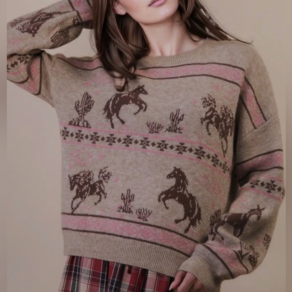 New’n Ride Away Western Horse Sweater Tan Pink Southwestern Cozy Knit - Medium - Picture 7 of 7